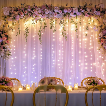 Fomcet Tulle Backdrop Curtains with Lights String White 10FT X 8FT Sheer Curtain with Lights Tulle Curtains Backdrop for Wedding Birthday Party Baby Shower Photo Shoot (2 Panels 5x8FT)