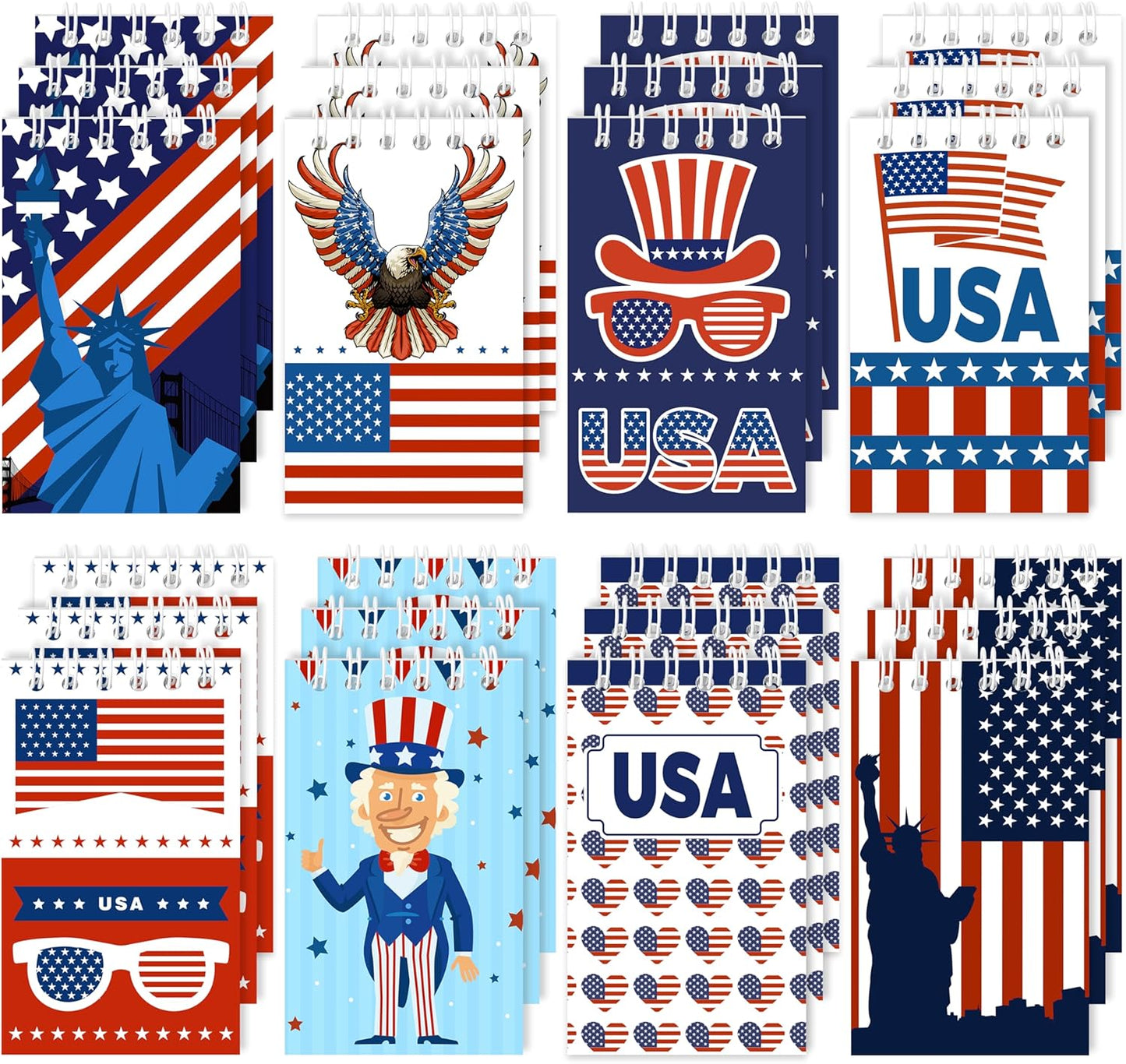 24Pcs Patriotic Mini Notepads, Red White Blue 4th of July Spiral Notebooks Bulk, USA American Pocket Memo Pads for Memorial Independence Day 250th anniversary Party Favors Gifts Office School Supplies