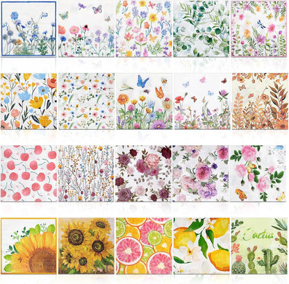Crtiin 20 Pack Decoupage Napkins Floral Napkins Flower Cocktail Paper Decorative Toilet for Valentine's Day Birthday Party Beautiful Gorgeous, 20 Styles Each 6.5 Inches(Style 1)