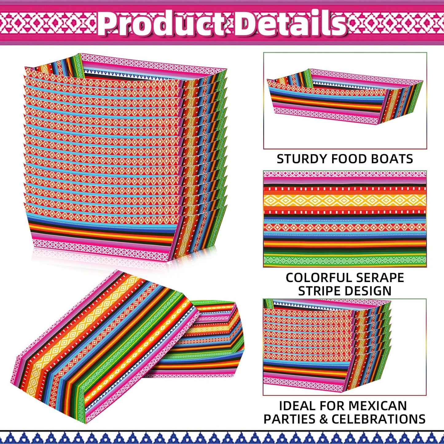 30 Pack Fiesta Mexican Food Trays, Floral and Serape Stripe Design Disposable Paper Serving Containers Boats for Taco Nights, Nachos, Fries, Popcorn, Snacks, Cinco de Mayo and Birthday Party Supplies