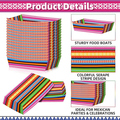 30 Pack Fiesta Mexican Food Trays, Floral and Serape Stripe Design Disposable Paper Serving Containers Boats for Taco Nights, Nachos, Fries, Popcorn, Snacks, Cinco de Mayo and Birthday Party Supplies
