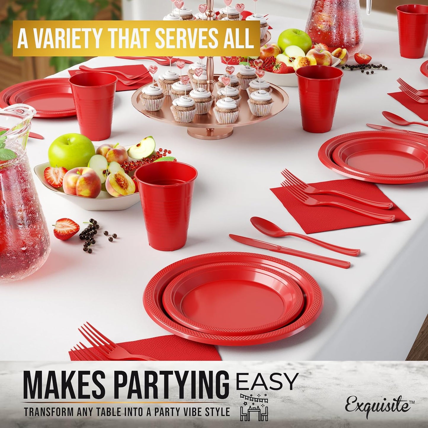 350 Pcs Black Plastic Plates For Party, Black Disposable Plates Set, 50 Of Each 9" Dinner Plate Set, 7" Dessert Plate, Cups, Napkins & Cutlery Plastic Dinnerware Set Exquisite