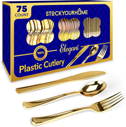 Gold Plastic Silverware Set (160 Bulk Pack) Disposable Cutlery Utensils, 80 Gold Forks, 40 Gold Knives, 40 Gold Spoons, Heavy Duty Flatware For Holidays, Parties, Dinners, Weddings, and Occasions