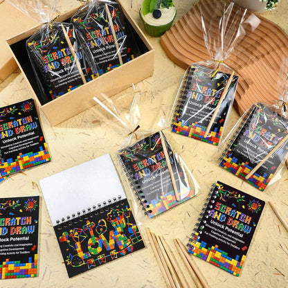 Pasimy 24 Set Scratch Art Party Favor Gifts Building Block Scratch Notebook Bulk Paper Craft for Classroom Prizes Goodie Bag Stuffer Christmas Birthday Party Favor