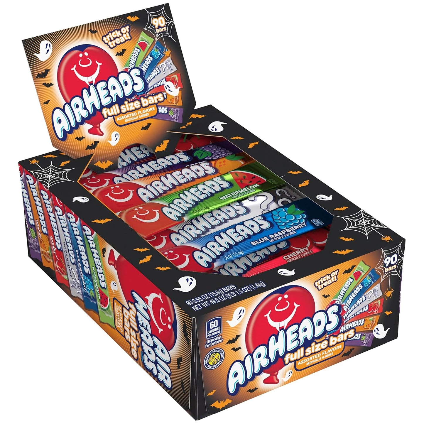 Airheads Full-Size Candy Bars, Taffy Candy Bulk Variety Pack, Individually Wrapped, Six Assorted Fruit Flavors Artificially Flavored, 60 Count Box
