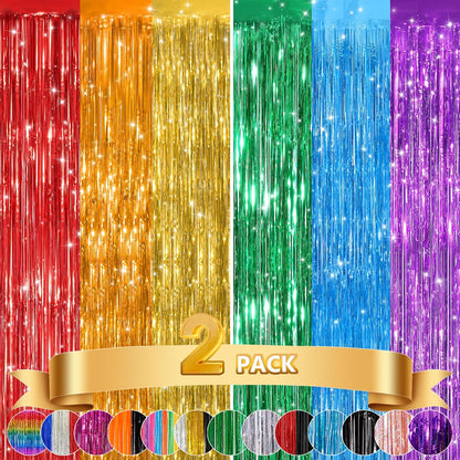 GCB 2Pack Black Metallic Tinsel Foil Fringe Curtains, Black Foil Curtain Backdrop, Photo Booth Props for Birthday Wedding Baby Shower Bachelorette Xmas Celebration Party Decorations Door Streamers