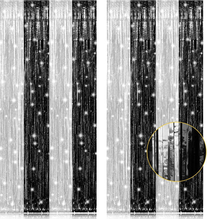 2 Pack 3.2ft x 8.2ft Silver Metallic Tinsel Foil Fringe Curtains, Door Streamer Photo Booth Backdrop for Birthday Graduation Engagement Bridal Shower Bachelorette Baby Shower Party Decorations
