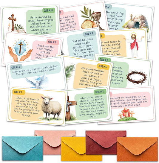 Easter Treasure Hunt Clue Game, Religious Games Jesus Scavenger Hunt Cards, Indoor Outdoor Christian Holiday Party Supplies, 12 Cards with Colorful Envelopes, 01