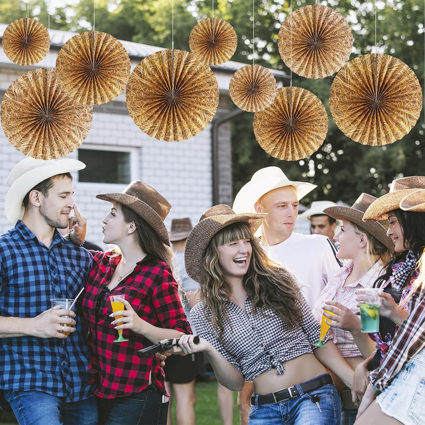 Outus 9 Pcs Western Cowboy Party Decorations Paper Fans Wagon Wheels Straw Hay Bales Hanging Ceiling Wall Decor for Country Western Themed Rodeo Farm Birthday Party Supplies (Wagon Wheels)
