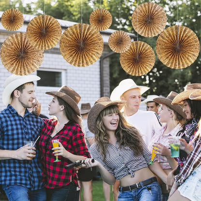 Outus 9 Pcs Western Cowboy Party Decorations Paper Fans Wagon Wheels Straw Hay Bales Hanging Ceiling Wall Decor for Country Western Themed Rodeo Farm Birthday Party Supplies (Wagon Wheels)