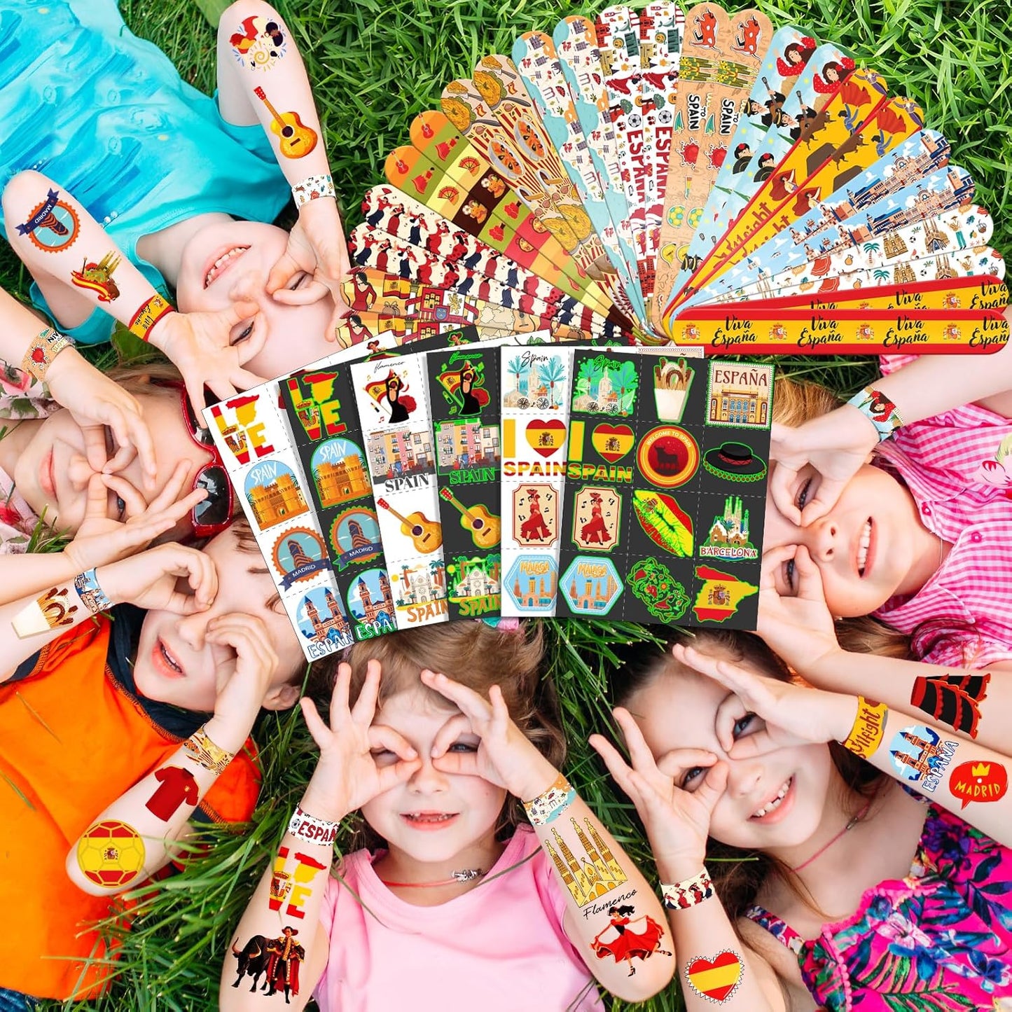 96 PCS Spain Party Favors Set – 72 Pre-Cut Temporary Tattoos & 24 Slap Bracelets, Perfect for Flamenco Parties & Travel-Inspired Celebrations