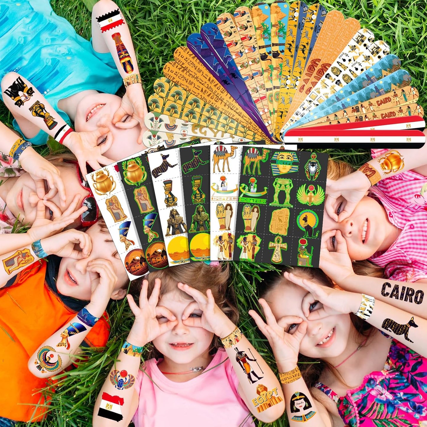 96 PCS Ancient Egypt Party Favors Set – 72 Pre-Cut Temporary Tattoos & 24 Slap Bracelets, Perfect for Egyptian-Themed Events, Travel-Inspired & Ancient History Gifts