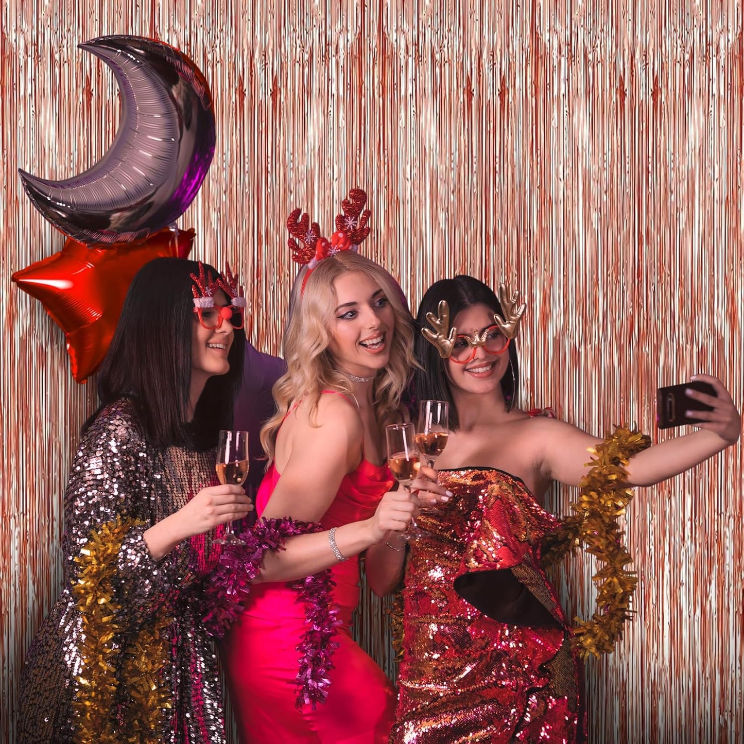 Birthday Party Decorations: 3 Pack 3.3 x 9.9 ft Gold Foil Fringe Curtains Party Supplies, Tinsel Curtain Backdrop for Parties/Birthday/Photo Booth