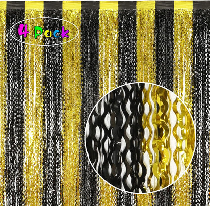 4 Pack Wavy Champagne Gold Metallic Tinsel Foil Fringe Curtains Backdrop - 3.3X6.6ft Foil Fringe Backdrop for Parties | Door Streamers for Birthday | Photo Booth Backdrops Party Decor