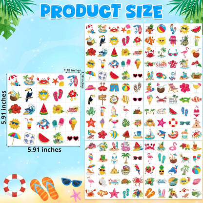 150 PCS Summer Temporary Tattoos, 6 Sheets Waterproof Fake Tattoos with Tropical Fruits Flamingos Hello Summer for Adults Pool Party, Hawaiian Stickers for Hawaiian Luau Party Favors Supplies