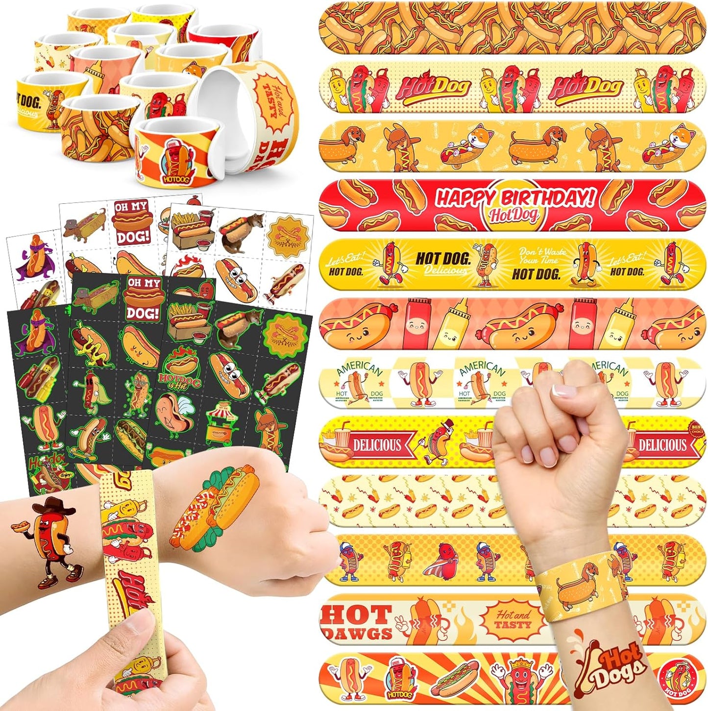 96 PCS Hot Dog Party Favors Set – 72 Pre-Cut Temporary Tattoos & 24 Slap Bracelets for Kids, Perfect for Food-Themed Birthday Parties, BBQ Celebrations & Classroom Rewards