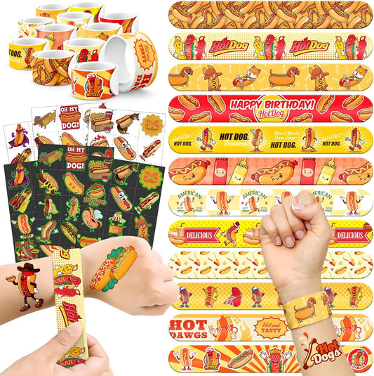 96 PCS Hot Dog Party Favors Set – 72 Pre-Cut Temporary Tattoos & 24 Slap Bracelets for Kids, Perfect for Food-Themed Birthday Parties, BBQ Celebrations & Classroom Rewards