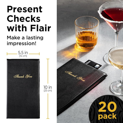 Restaurant Check Presenters - Guest Check Card Holder with Gold Thank You Imprint - 5.5" x 10" Black 20 Pack, Standard Server Book - Waitress Book