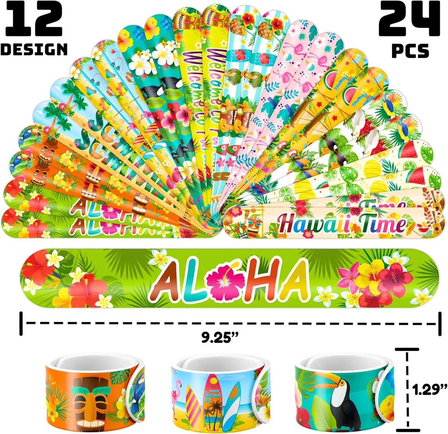 Cherisnowy 48PCS Hawaiian Party Set - 24PCS Temporary Tattoos & 24PCS Slap Bracelets - Summer-Themed Birthday Supplies, Baby Shower Gifts, Classroom Rewards & Party Decor for Kids (Boys & Girls)