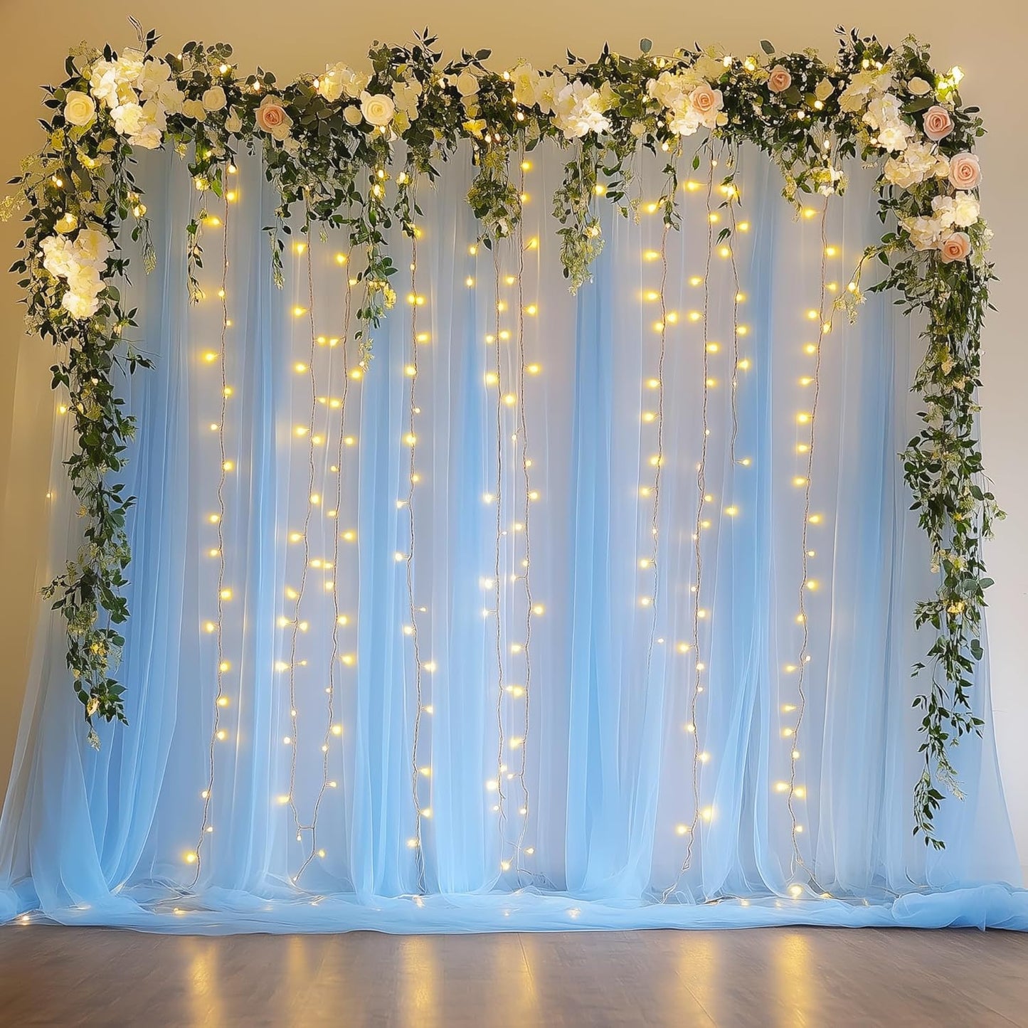 Fomcet Tulle Backdrop Curtains with Lights String White 10FT X 8FT Sheer Curtain with Lights Tulle Curtains Backdrop for Wedding Birthday Party Baby Shower Photo Shoot (2 Panels 5x8FT)