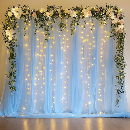 Fomcet Tulle Backdrop Curtains with Lights String White 10FT X 8FT Sheer Curtain with Lights Tulle Curtains Backdrop for Wedding Birthday Party Baby Shower Photo Shoot (2 Panels 5x8FT)