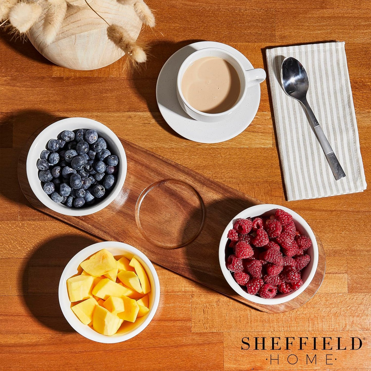 Sheffield Home 10oz Wooden Chip and Dip Serving Set - Chips and Dip Platter with Removeable Dip Bowls - Chip and Dip Serving Dish & Condiment Tray for Barbecues, Buffets and Parties