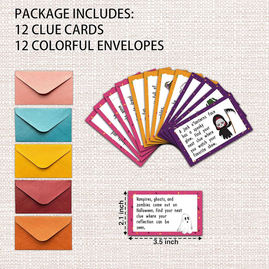 MagicalParty Scavenger Treasure Hunt - Fall Halloween Game Cards With Witch & Pumpkin, 12 Cards With Colourful Envelopes