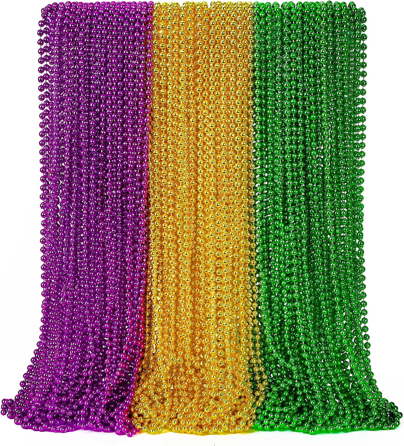 EOBOH 144PCS Mardi Gras Beads, Metallic 12 Kinds Bead Necklace Party Supplies, 33" Mardi Gras Necklace Costume Stuff, Festival Parade Throw Accessories for Wedding Birthday Celebrations Decorations