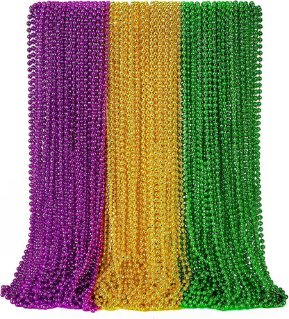 EOBOH 144PCS Mardi Gras Beads, Metallic 12 Kinds Bead Necklace Party Supplies, 33" Mardi Gras Necklace Costume Stuff, Festival Parade Throw Accessories for Wedding Birthday Celebrations Decorations
