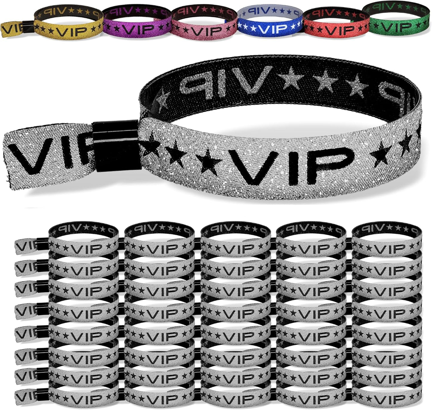 100 Pack Glitter Gold VIP Party Wristbands with Secure Locking Clip. Must Have Adjustable Sparkle VIP Wrist Bands for Events, Parties, Weddings and Festivals