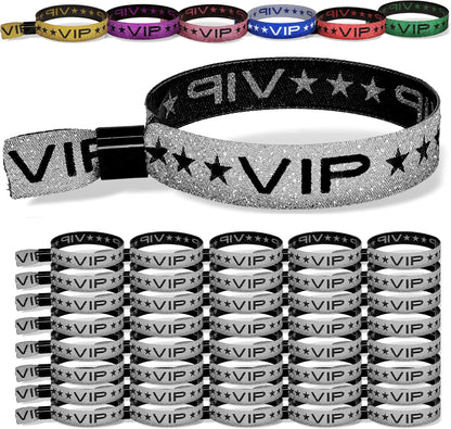 100 Pack Glitter Gold VIP Party Wristbands with Secure Locking Clip. Must Have Adjustable Sparkle VIP Wrist Bands for Events, Parties, Weddings and Festivals