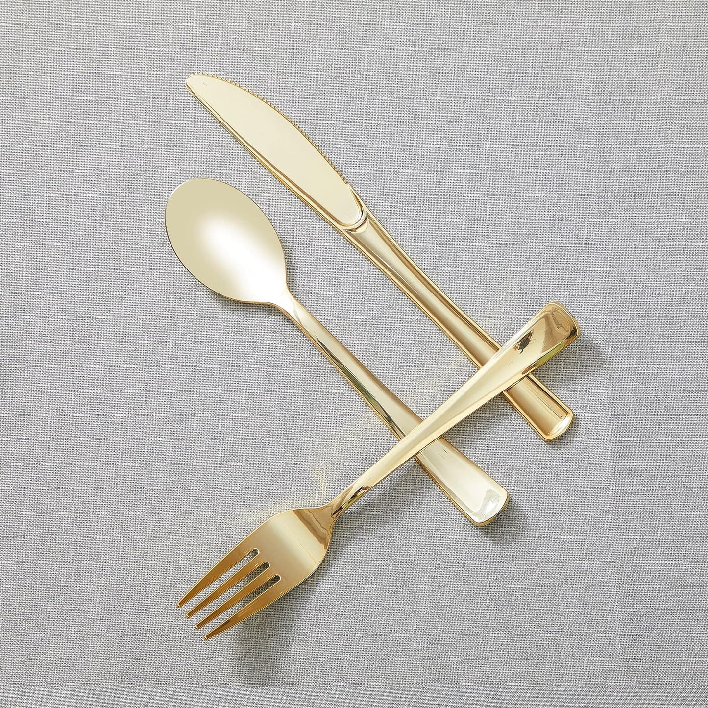 N9R 300PCS Gold Plastic Silverware, Heavy Duty Gold Plastic Cutlery Set Disposable Flatware Dinnerware, 100 Forks, 100 Spoons, 100 Knives, Perfect for Party, Wedding and Daily Use