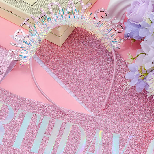 COCIDE Birthday Girl Headband & Sash - Birthday Crown for Women & Girls Pink Glitter Letter Tiara Birth Day Decorations Accessories Gift for Her (A1 Pink)