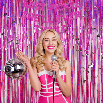 Melsan 2 Pack 3.2 ft x 8.2 ft Tinsel Foil Fringe Curtains Backdrop, Sparkle Metallic Foil Curtains for Party Photo Booth Props Decoration, Pinkish Purple