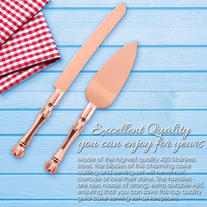 Homi styles Wedding Cake knife and Server Set | Elegant Rose Gold Color Premium 420 Stainless Steel plated Blades | Cake & Pie Serving Set for Wedding Cake, Birthdays, Anniversaries, Parties