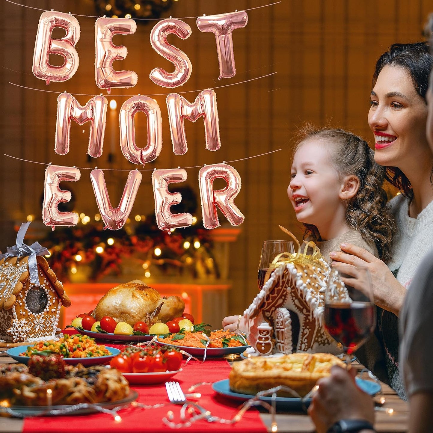 16 Inches Best Mom Ever Balloons Hanging Banner Decorations, Rose Gold Aluminum Foil Letter Balloons for Mother's Day Birthday Baby Shower Gender Reveal Party Supplies