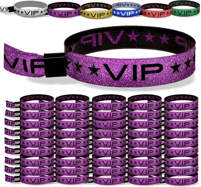 100 Pack Glitter Gold VIP Party Wristbands with Secure Locking Clip. Must Have Adjustable Sparkle VIP Wrist Bands for Events, Parties, Weddings and Festivals