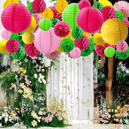 WOLHOWLTD Mermaid Theme Paper Decoration Set - 33 Pcs Paper Lanterns, Pompoms, Honeycomb Decorations for Mermaid Theme, Baby Shower,Wedding Rainbow Birthday Party Home Decoration(Pink Blue Purple)