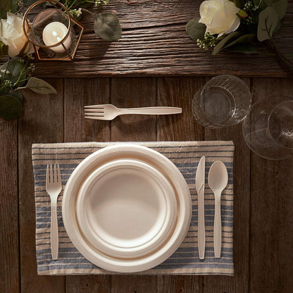 250 Piece Biodegradable Paper Plates Set (EXTRA LONG UTENSILS), Disposable Dinnerware Set, Eco Friendly Compostable Plates & Utensil include Plates, Forks, Knives and Spoons for Party