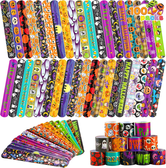 JOYIN 100 PCS Halloween Slap Bracelets for Kids, Halloween Bracelets Bulk for Girls Boys Gifts, Friendship Bracelets Snap Bracelets for Halloween Party Favors Goodie Bag Fillers