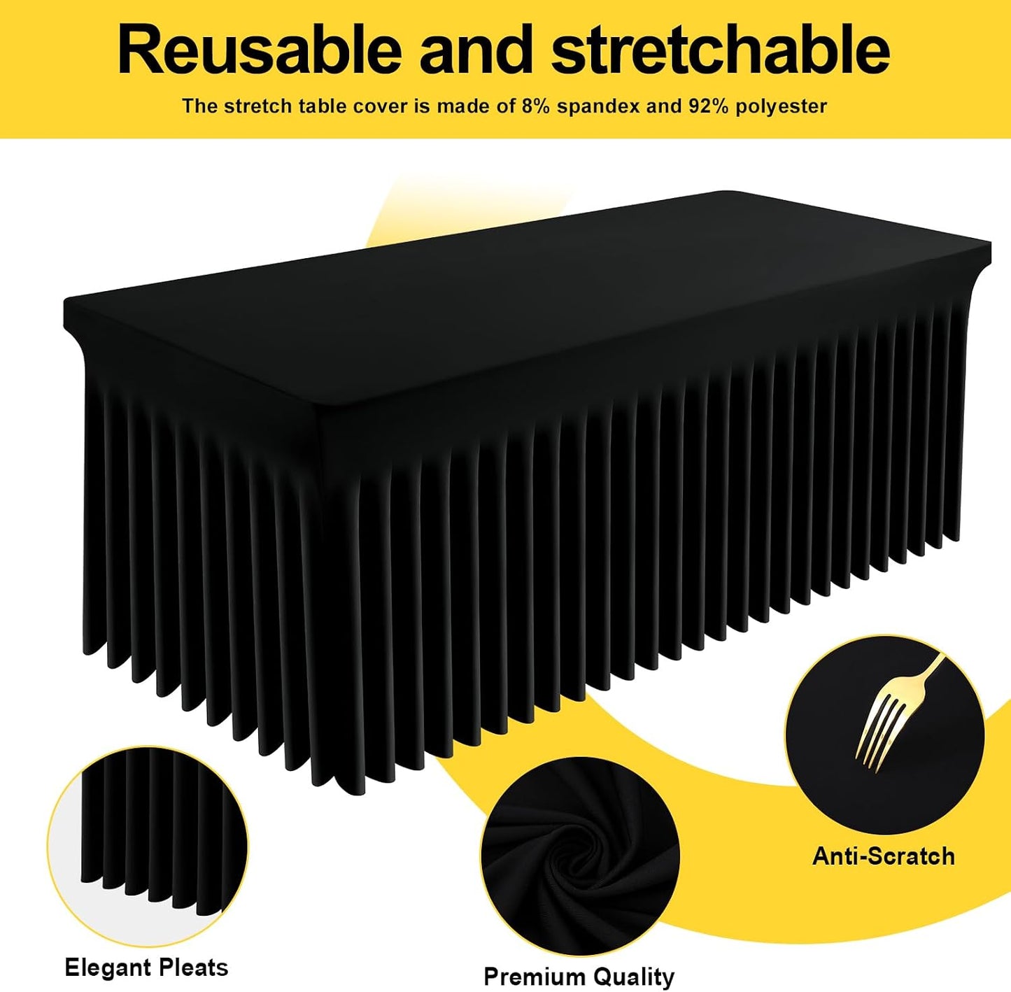 Spandex Tablecloth, Elastic Fitted Stretch Tablecloth for 6FT Rectangle Tables, Waterproof Washable Table Cover Skirt for Outdoor, Wedding, Banquet & Parties (Black, 72Lx30Wx30H Inch) - Colors B