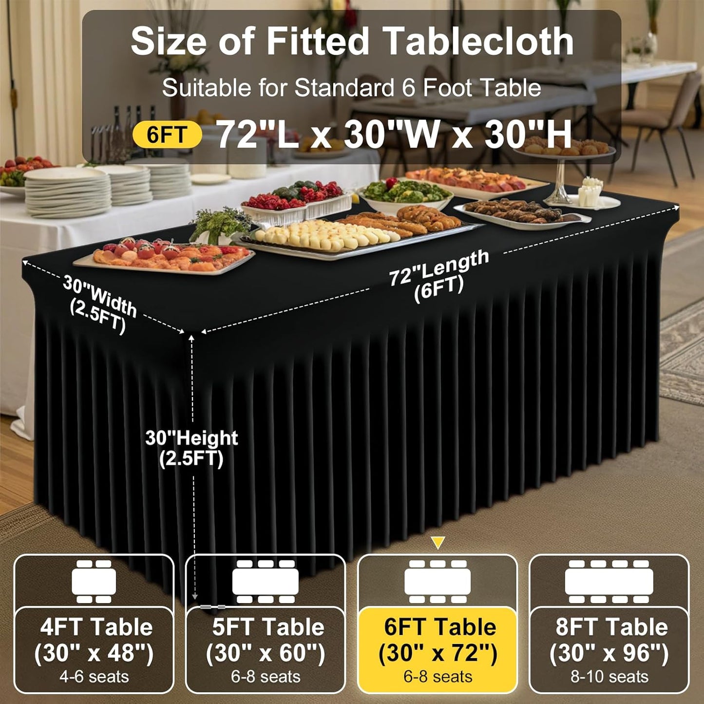 Spandex Tablecloth, Elastic Fitted Stretch Tablecloth for 6FT Rectangle Tables, Waterproof Washable Table Cover Skirt for Outdoor, Wedding, Banquet & Parties (Black, 72Lx30Wx30H Inch) - Colors B