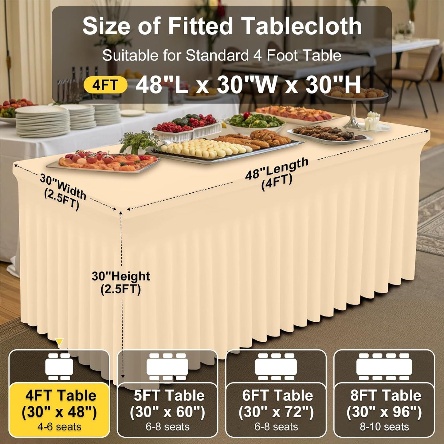 Spandex Tablecloth, Elastic Fitted Stretch Tablecloth for 6FT Rectangle Tables, Waterproof Washable Table Cover Skirt for Outdoor, Wedding, Banquet & Parties (Black, 72Lx30Wx30H Inch) - Colors B