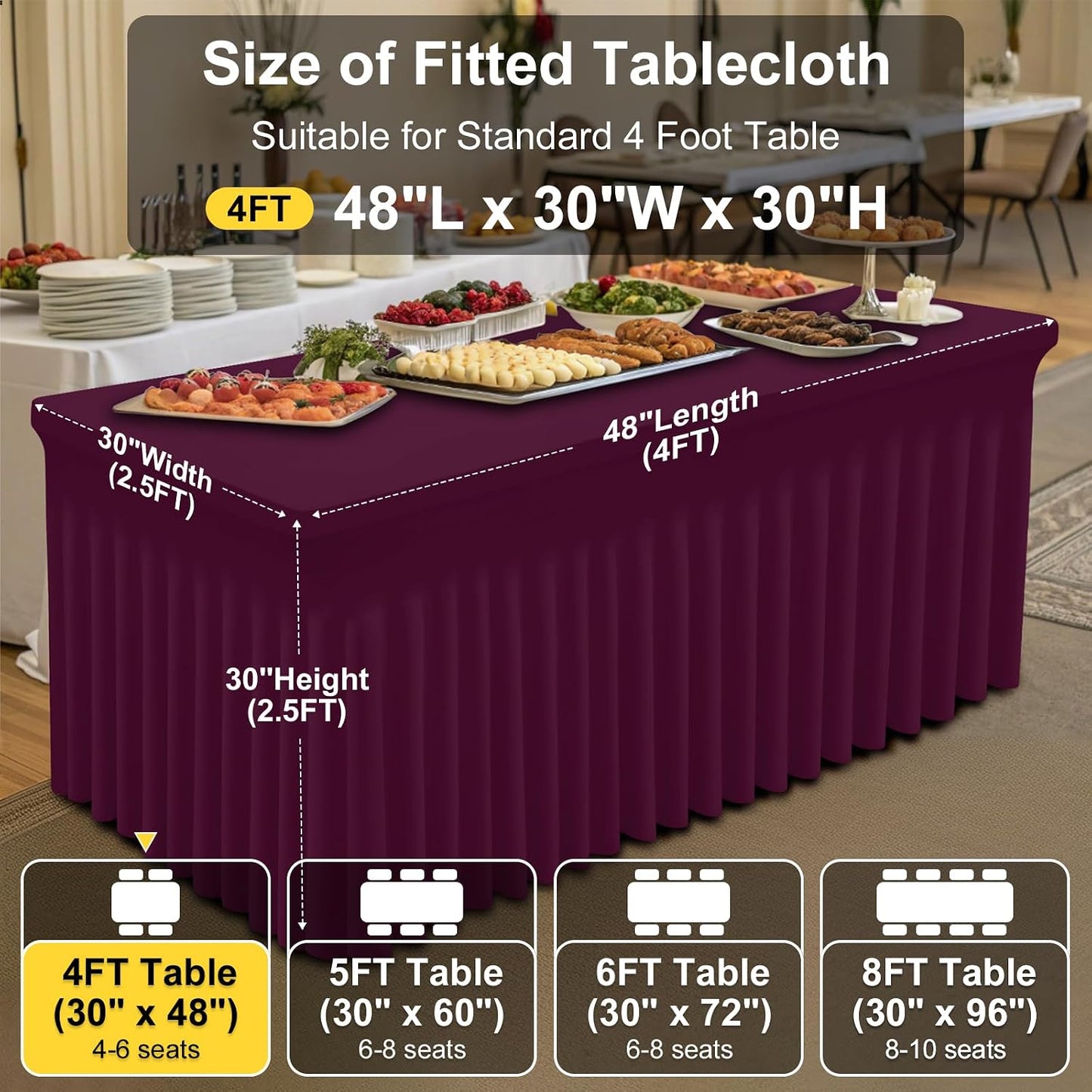 Spandex Tablecloth, Elastic Fitted Stretch Tablecloth for 6FT Rectangle Tables, Waterproof Washable Table Cover Skirt for Outdoor, Wedding, Banquet & Parties (Black, 72Lx30Wx30H Inch) - Colors B