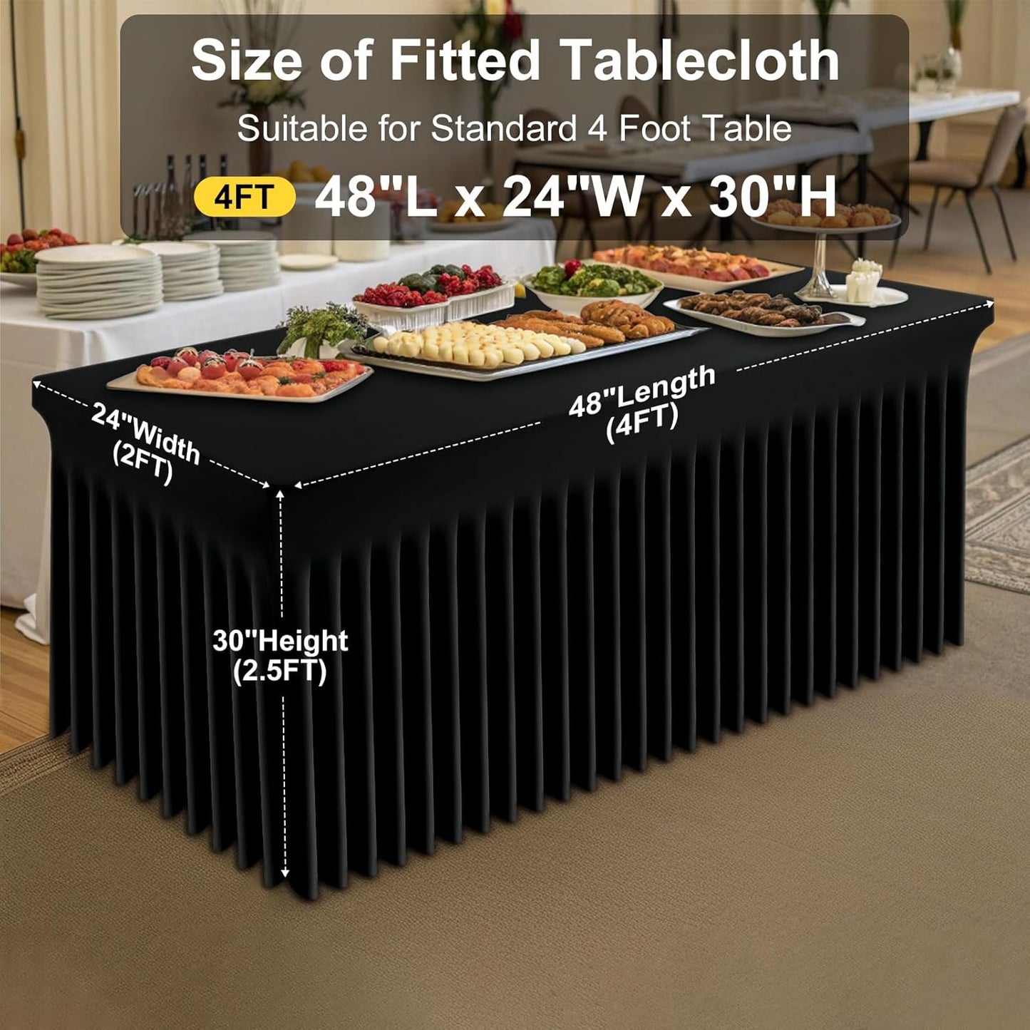Spandex Tablecloth, Elastic Fitted Stretch Tablecloth for 6FT Rectangle Tables, Waterproof Washable Table Cover Skirt for Outdoor, Wedding, Banquet & Parties (Black, 72Lx30Wx30H Inch) - Colors B