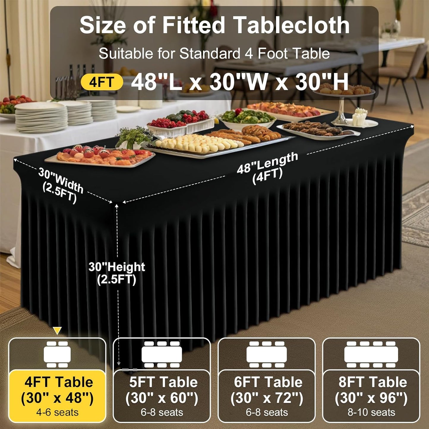 Spandex Tablecloth, Elastic Fitted Stretch Tablecloth for 6FT Rectangle Tables, Waterproof Washable Table Cover Skirt for Outdoor, Wedding, Banquet & Parties (Black, 72Lx30Wx30H Inch) - Colors B