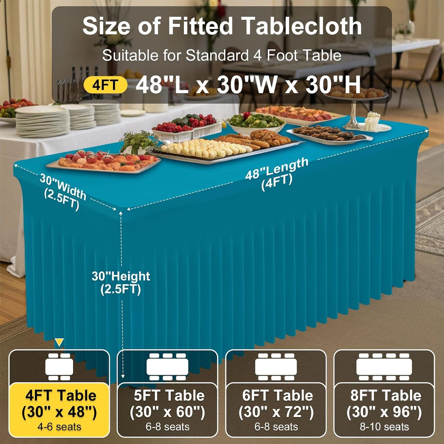 Spandex Tablecloth, Elastic Fitted Stretch Tablecloth for 6FT Rectangle Tables, Waterproof Washable Table Cover Skirt for Outdoor, Wedding, Banquet & Parties (Black, 72Lx30Wx30H Inch) - Colors B