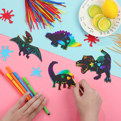 120pcs Scratch Dinosaur Craft Art Kits for Kids with 48 Scratch Dinosaur Paper24 Wooden Styluses and 48 Ribbons for Theme Birthday Party Game Supplies