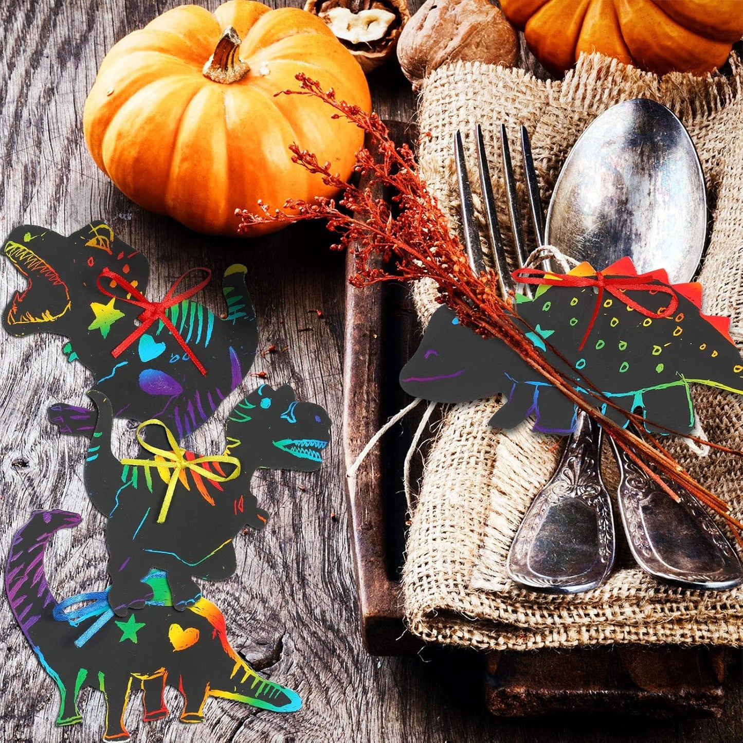 120pcs Scratch Dinosaur Craft Art Kits for Kids with 48 Scratch Dinosaur Paper24 Wooden Styluses and 48 Ribbons for Theme Birthday Party Game Supplies