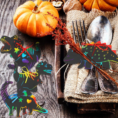 120pcs Scratch Dinosaur Craft Art Kits for Kids with 48 Scratch Dinosaur Paper24 Wooden Styluses and 48 Ribbons for Theme Birthday Party Game Supplies